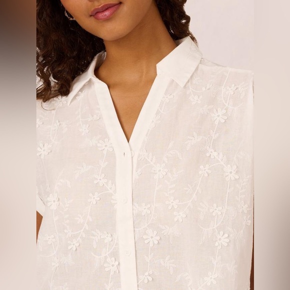 Adrianna Papell Embroidered Floral Shirt White Button Down Blouse Shirt Top - Picture 4 of 8